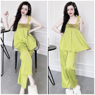 Đồ ngủ pyjama nữ 2 dây quần dài Chất Lụa Gấm Xước cao cấp