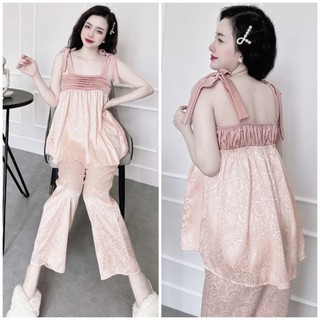 Đồ ngủ pyjama nữ 2 dây quần dài Chất Lụa Gấm Xước cao cấp