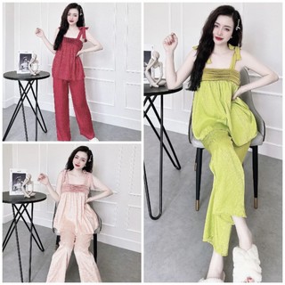 Đồ ngủ pyjama nữ 2 dây quần dài Chất Lụa Gấm Xước cao cấp