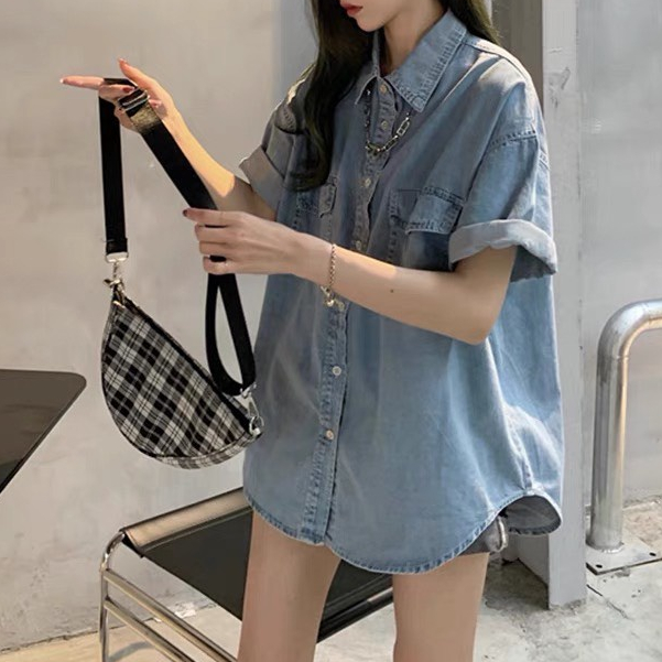 Áo sơ mi jean nữ cộc tay KABICO, áo sơ mi bò oversize form rộng 2 túi phong cách ulzzang G5