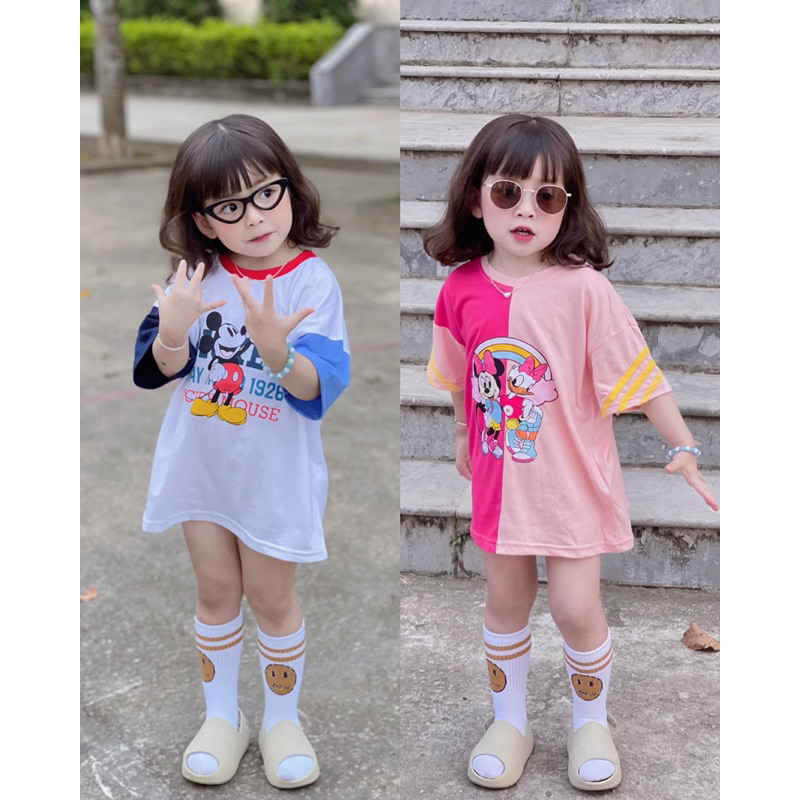 Set 2 áo váy bé gái cotton dáng rộng mềm mịn thoáng mát, áo mùa hè cổ tròn Mickey, Minnie vịt donal phối màu thời trang