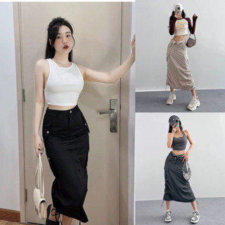 Chân váy midi cargo túi hộp rút dây y2k C016 cá tính màu đen , xám , be