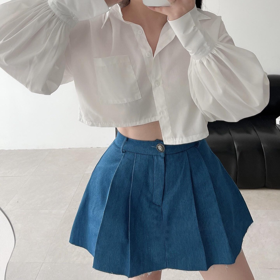 Aó sơ mi croptop mix chân váy deniem xòe - TKCC SheTP