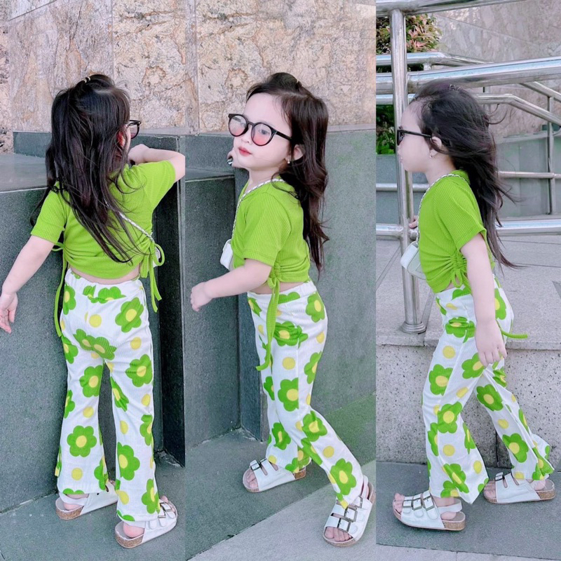 Set Thun Xanh Hoa Quần Loe Siêu Hot Cho Bé Gái