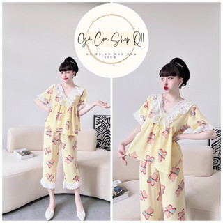Đồ bộ mặc nhà nữ gaconshop cổ tim phối ren vải lụa mango FREESHIP Big Size 60Kg< Tuỳ Chiều cao