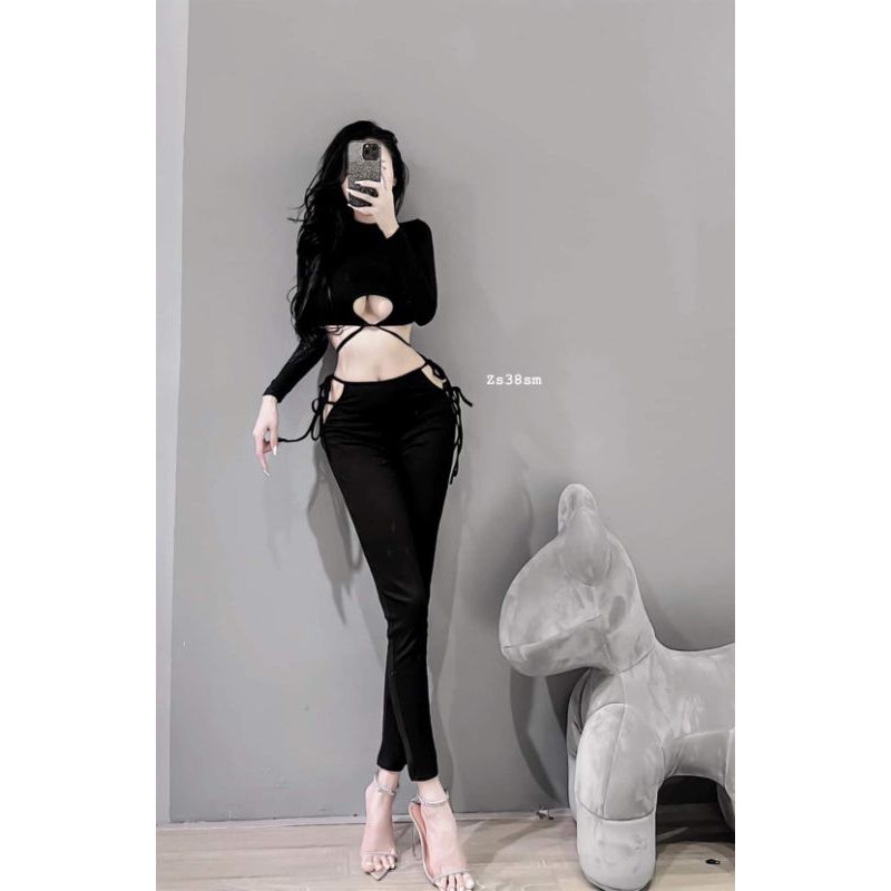 Set quần ôm + áo sexy thắt dây tay dài