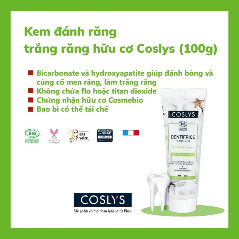 Kem đánh răng trắng răng Coslys chứng nhận hữu cơ Ecocert và Bio Cosmetic (100g)