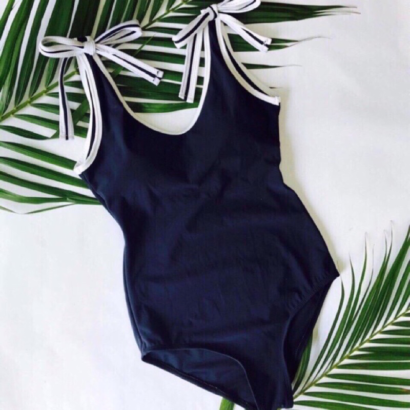 Bikini liền thân 1 mảnh màu xanh đen phối viền trắng thắt nơ vai
