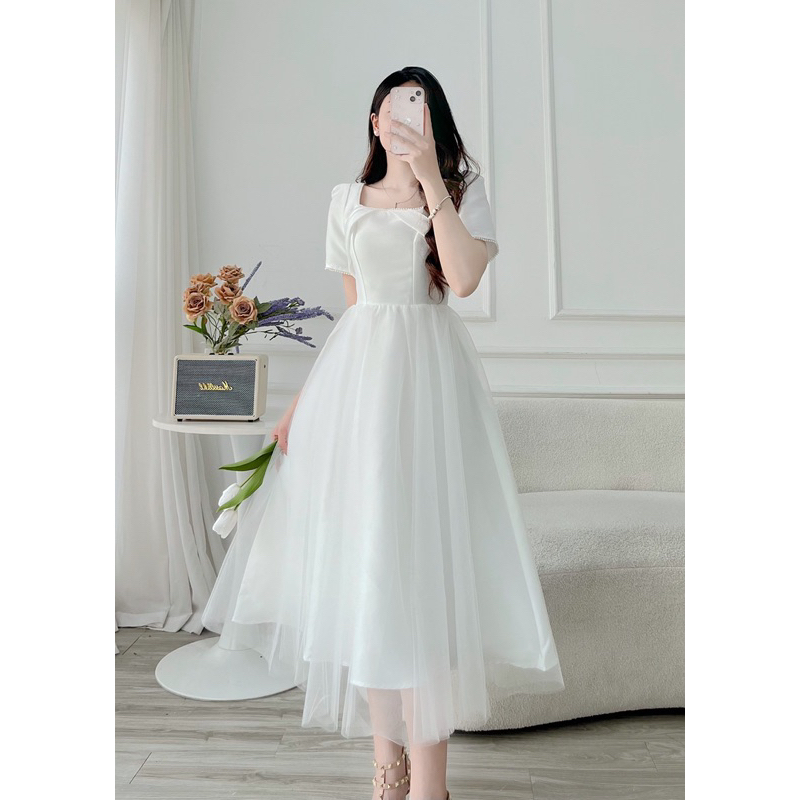 Đầm tiểu thư dự tiệc cổ vuông viền ren phối hạt thiết kế dây đan lưng, dự tiệc sang chảnh