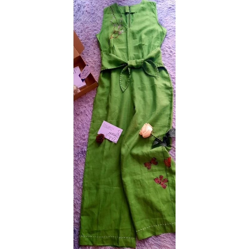 jumbsuit linen Mango xuất khẩu vẽ tay Mã Jumb.Dr hè