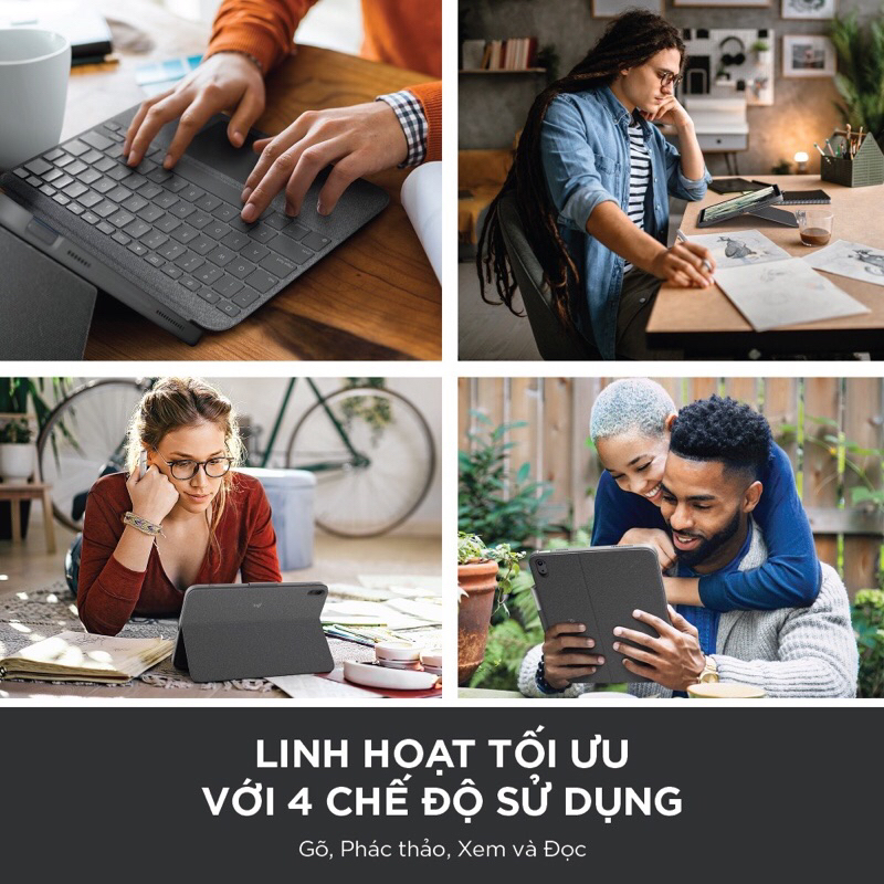 Bao da kèm phím Logitech Combo Touch dành cho iPad Gen 10  - Tháo rời Trackpad, chiếu sáng nền