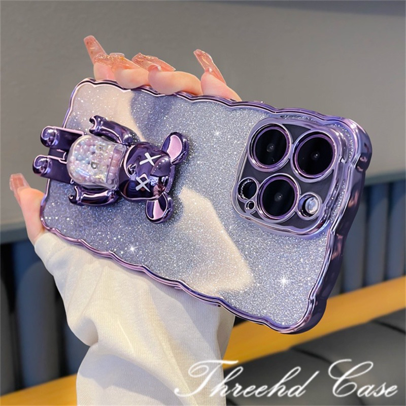 Ốp lưng dẻo nhũ gắn gấu Bearbrick kiêm giá đỡ cho iPhone 12 đến 14 Pro max, Plus, 13 viền gợn sóng siêu đẹp, siêu kute