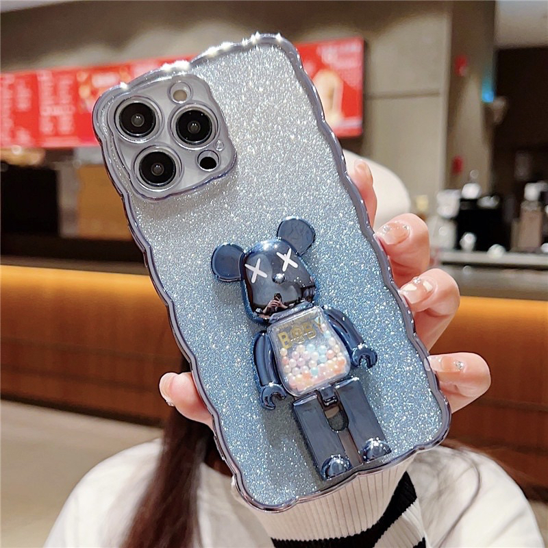 Ốp lưng dẻo nhũ gắn gấu Bearbrick kiêm giá đỡ cho iPhone 12 đến 14 Pro max, Plus, 13 viền gợn sóng siêu đẹp, siêu kute