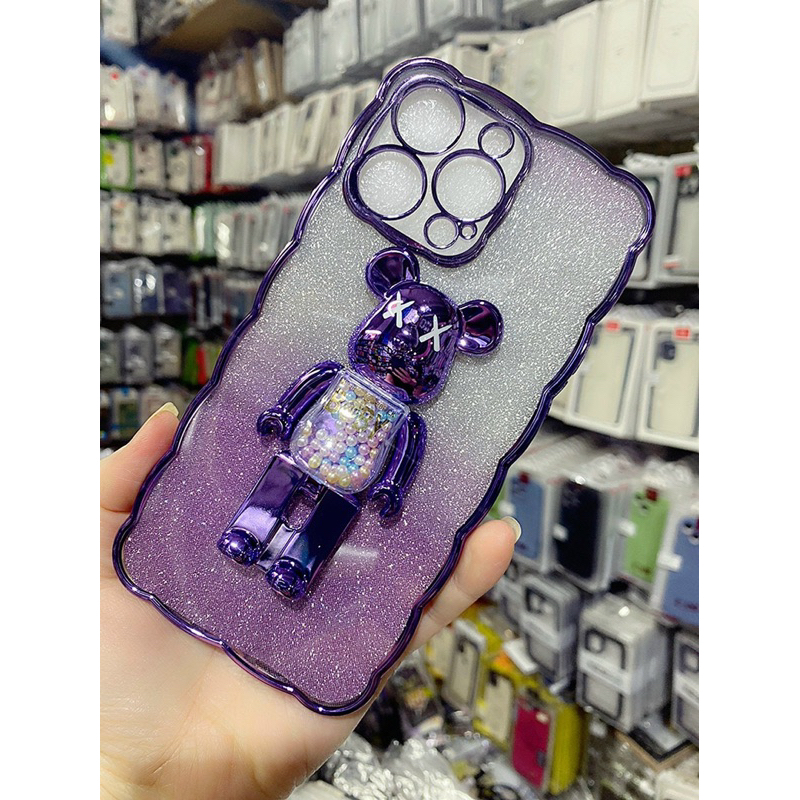 Ốp lưng dẻo nhũ gắn gấu Bearbrick kiêm giá đỡ cho iPhone 12 đến 14 Pro max, Plus, 13 viền gợn sóng siêu đẹp, siêu kute