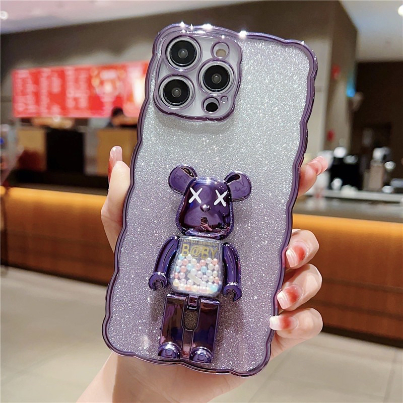 Ốp lưng dẻo nhũ gắn gấu Bearbrick kiêm giá đỡ cho iPhone 12 đến 14 Pro max, Plus, 13 viền gợn sóng siêu đẹp, siêu kute