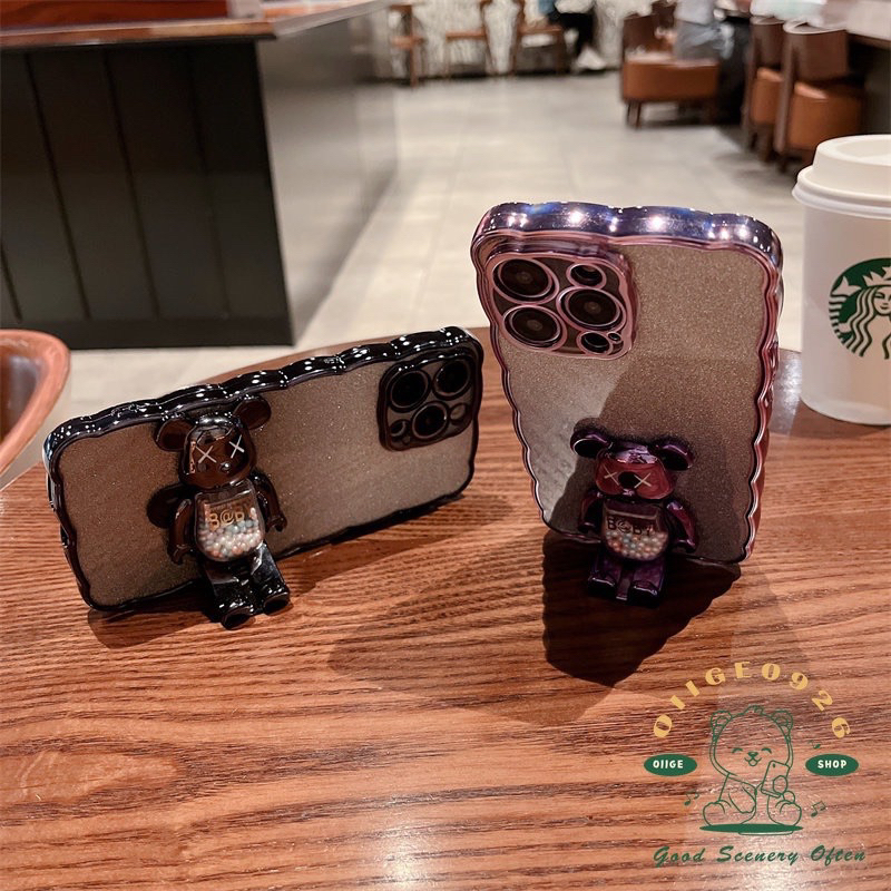 Ốp lưng dẻo nhũ gắn gấu Bearbrick kiêm giá đỡ cho iPhone 12 đến 14 Pro max, Plus, 13 viền gợn sóng siêu đẹp, siêu kute