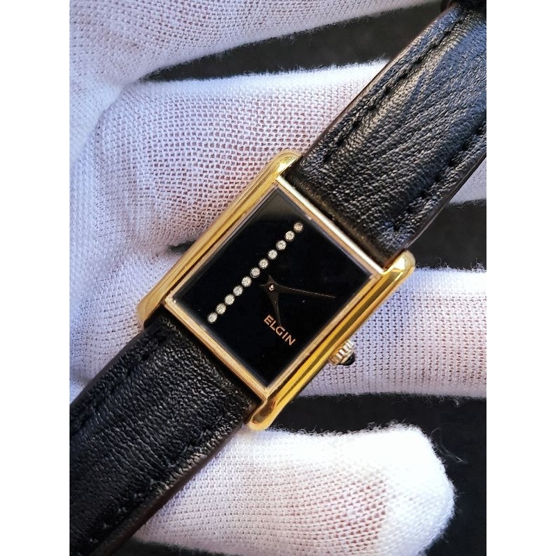 Đồng hồ Nữ Cơ lên dây hiệu Elgin Thụy sĩ Fom Tank siêu đẹp đính kim cương mặt số bọc vàng dày