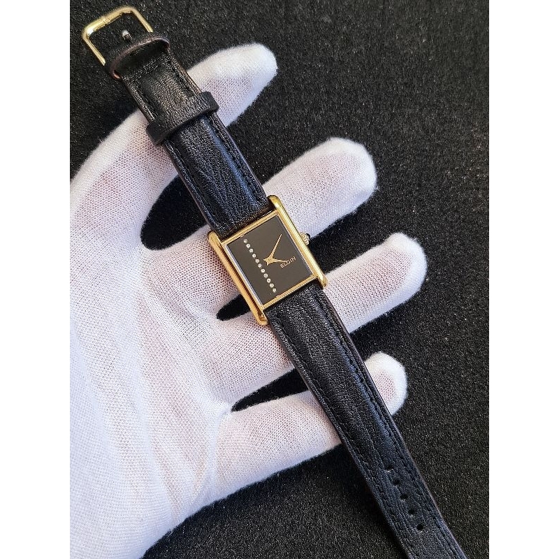 Đồng hồ Nữ Cơ lên dây hiệu Elgin Thụy sĩ Fom Tank siêu đẹp đính kim cương mặt số bọc vàng dày