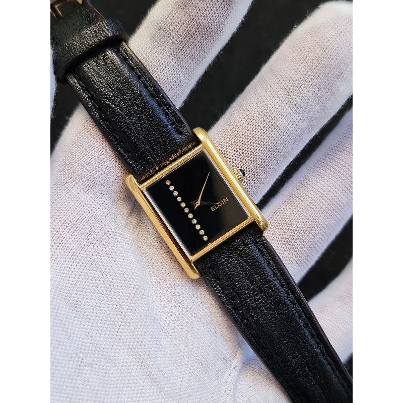 Đồng hồ Nữ Cơ lên dây hiệu Elgin Thụy sĩ Fom Tank siêu đẹp đính kim cương mặt số bọc vàng dày