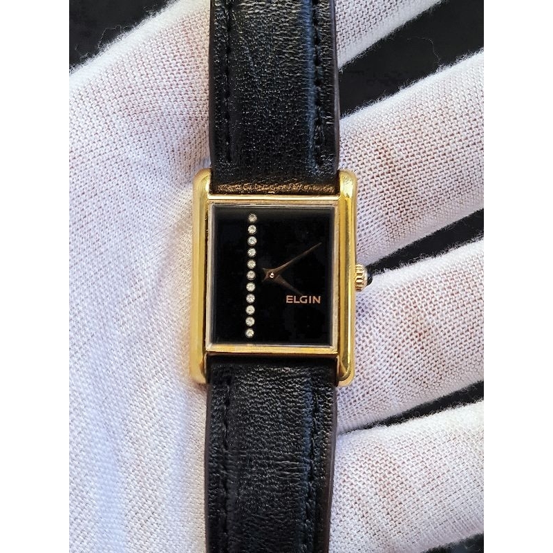 Đồng hồ Nữ Cơ lên dây hiệu Elgin Thụy sĩ Fom Tank siêu đẹp đính kim cương mặt số bọc vàng dày