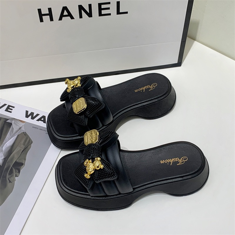 Dép quai ngang đính nơ,dép đế cao nữ phong cách Hàn Quốc mùa hè 2023