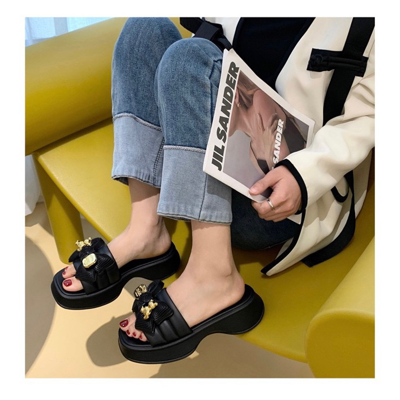 Dép quai ngang đính nơ,dép đế cao nữ phong cách Hàn Quốc mùa hè 2023