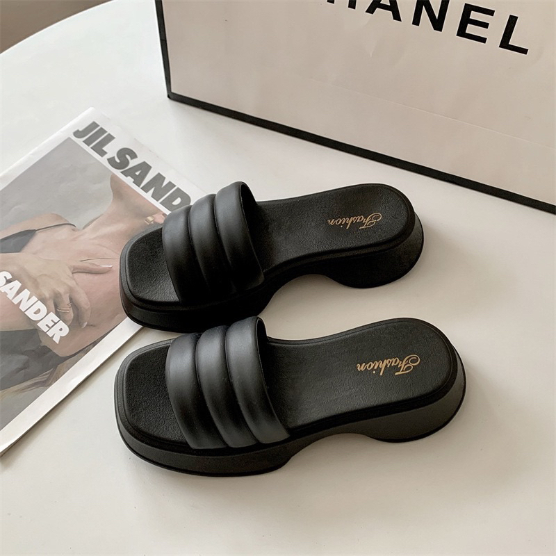 Dép quai ngang đính nơ,dép đế cao nữ phong cách Hàn Quốc mùa hè 2023