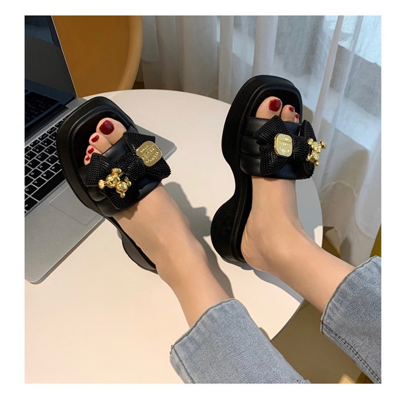 Dép quai ngang đính nơ,dép đế cao nữ phong cách Hàn Quốc mùa hè 2023