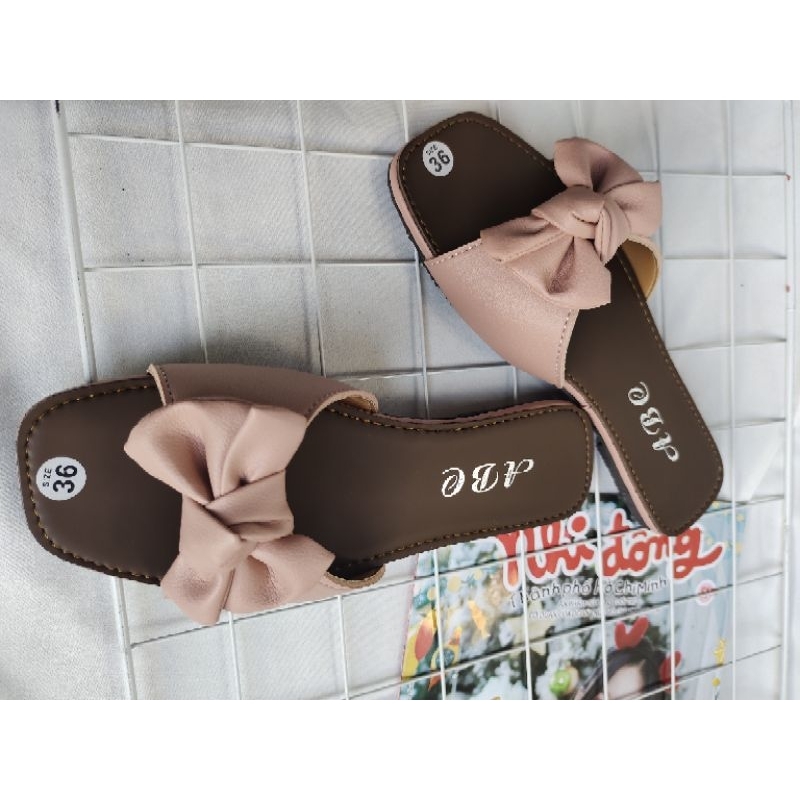 Dép lê Nữ quai ngang nơ ú thời trang đá yêu- dép xẹp kiểu nữ