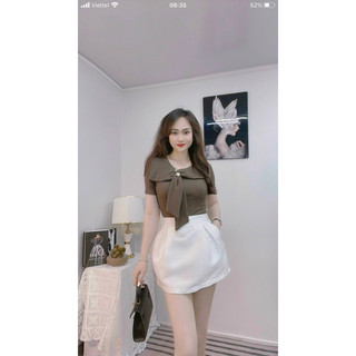 Áo kiểu nơ lá cổ đính ngọc