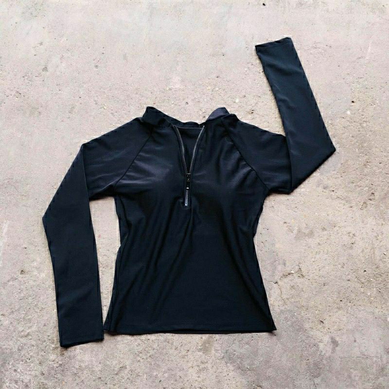 Bộ bơi nữ áo tay dài có khóa kéo sẵn mút ngực kèm quần dài đen cạp cao phom thiết siêu dài,free size 40 đến 60 ký