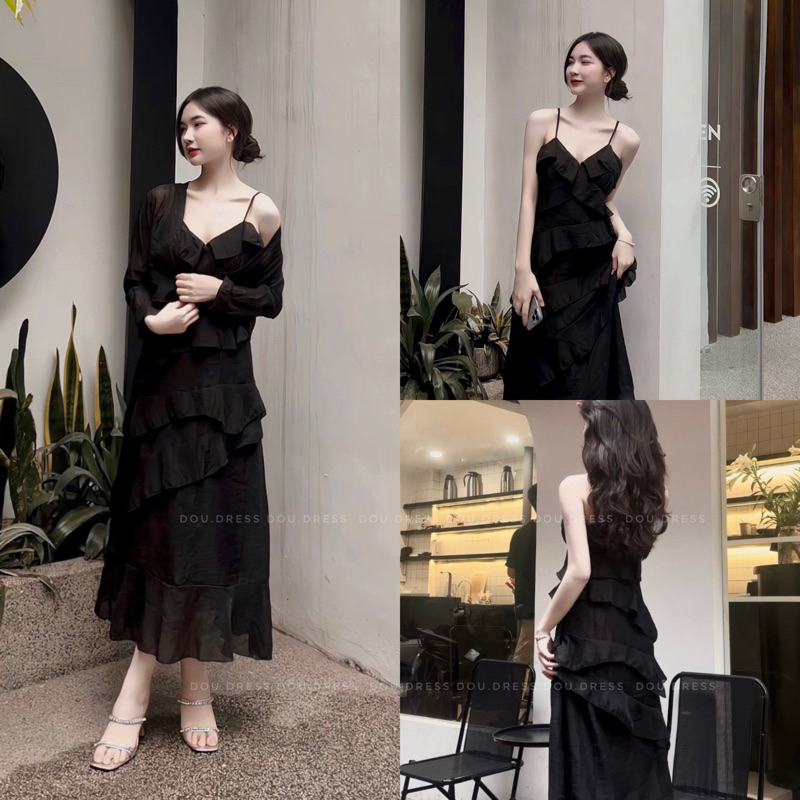Set Váy Hai Dây Tầng Bèo Ren Tặng Kèm Áo Khoác Dou.dresso