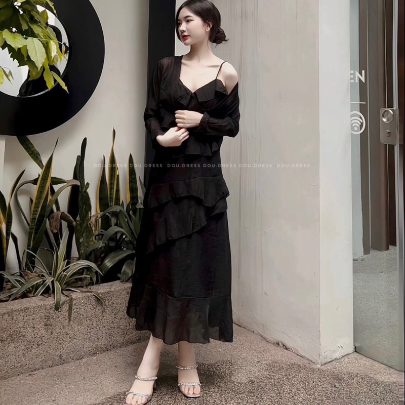 Set Váy Hai Dây Tầng Bèo Ren Tặng Kèm Áo Khoác Dou.dresso
