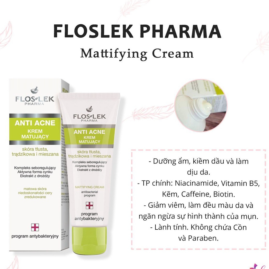 Kem Dưỡng Floslek Pharma Mattifying Cream 50ml cho da dầu mụn - Kem kiểm soát dầu &amp; điều tiết nhờn