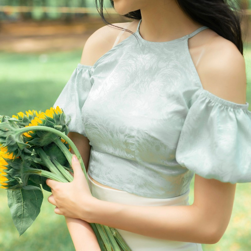 Áo yếm gấm hoa chìm xanh pastel Aurora [Floral Top]