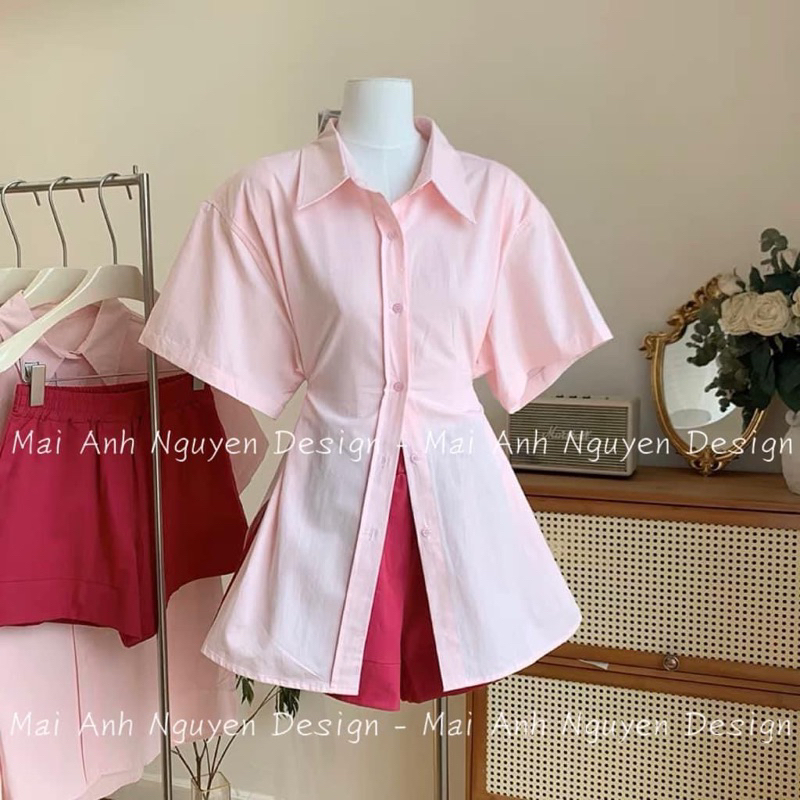 | Chang Tròn | Sét Hồng Mix Sơmi Xẻ Tà Chiết Eo Bigsize ( Áo có dây cột để điều chỉnh eo )