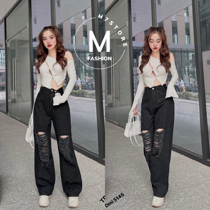 Quần Jean Nữ Ống Rộng Rách Gối M7 700 Dáng Suông Chất Bò Dày Dặn 309 450 451 310 510
