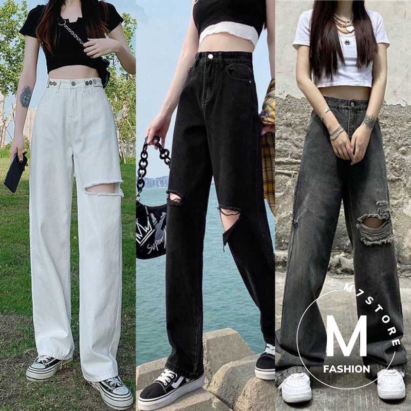 Quần jean nữ ống rộng dáng xuông vải bò rách gối basic màu xám phong cách Ulzzang đủ size S M L - Hàng mới về