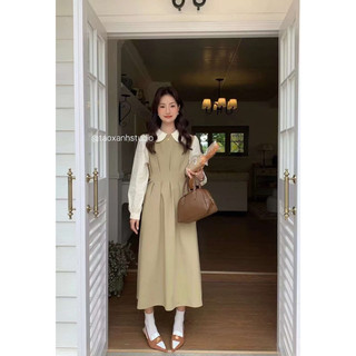 TAOXANH Váy midi nhún eo phối cổ sen tay sơ mi