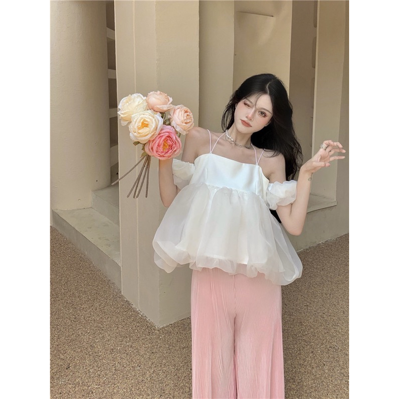 Set Áo Cúp Ngực Trễ Vai Tay Bồng Dáng Xoè Và Quần Ống Suông Màu Sắc Ngọt Ngào Nữ Tính Sexy