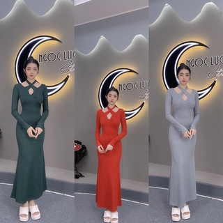 D283 - đầm midi tay dài chéo cổ
