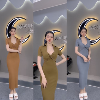 D286 - đầm body sơ mi xoắn gân trung