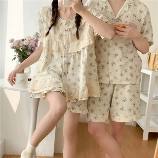 [ 𝐎𝐑𝐃𝐄𝐑 ] Sweetiebaby SET BỘ NGỦ COUPLE CỘC TAY HOA XANH NHẠT NỀN BE rẻ nhất shopee