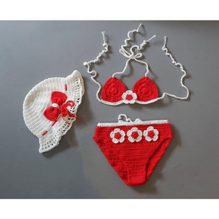 Đồ bơi len handmade kèm mũ cho bé |bikini len 2 mảnh bé gái