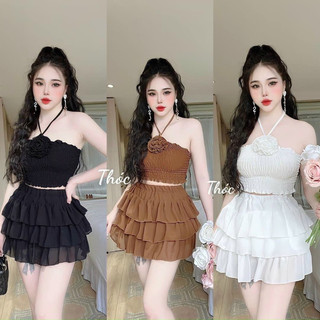 Set áo yếm đính hoa phối chân váy tầng ngắn l1