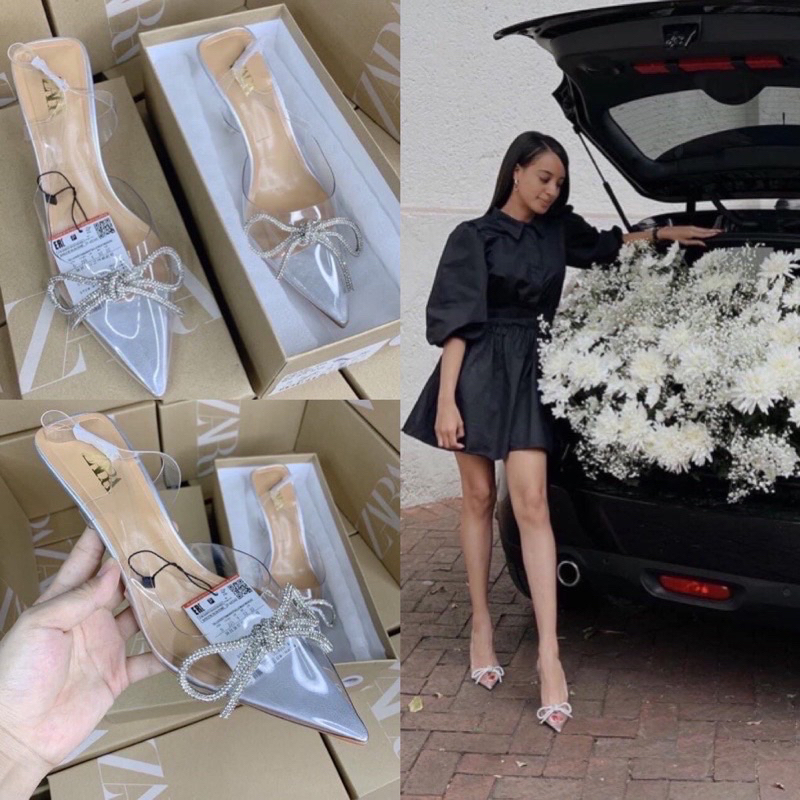 Giày ZR mũi nhọn mica trong gắn nơ đính đá