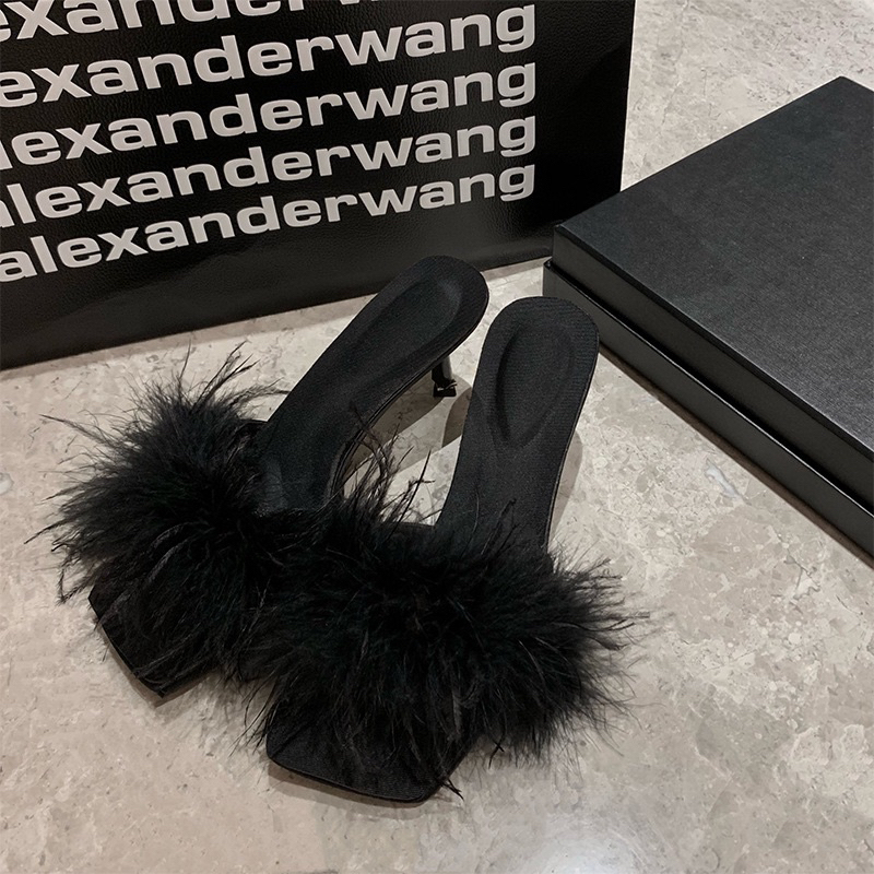 Dép cao gót phối lông vũ sang chảnh đế cao 7cm phong cách Hàn Quốc mùa hè 2023