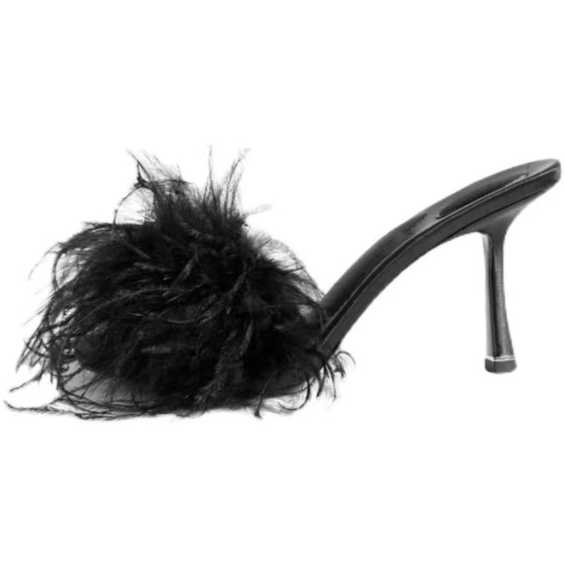 Dép cao gót phối lông vũ sang chảnh đế cao 7cm phong cách Hàn Quốc mùa hè 2023