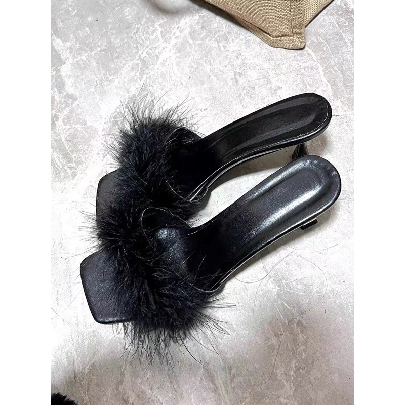 Dép cao gót phối lông vũ sang chảnh đế cao 7cm phong cách Hàn Quốc mùa hè 2023