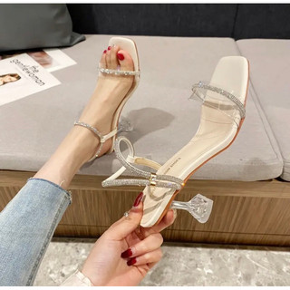 Giày cao gót vuông 7 phân quai ngang mica phối dây xoàn nhỏ mang 2 kiểu
